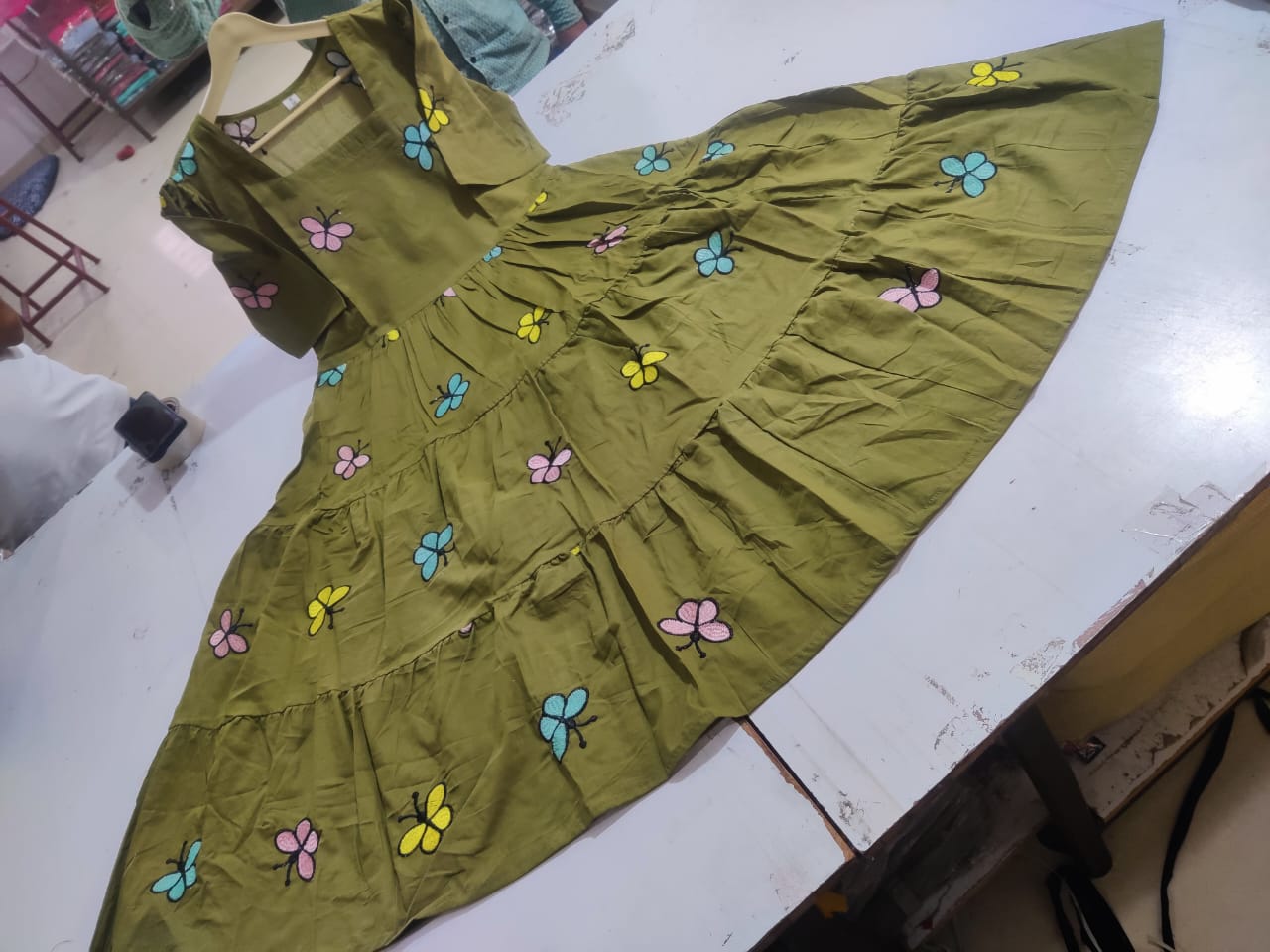 Women Cotton Emroidery dark green Middi Gown