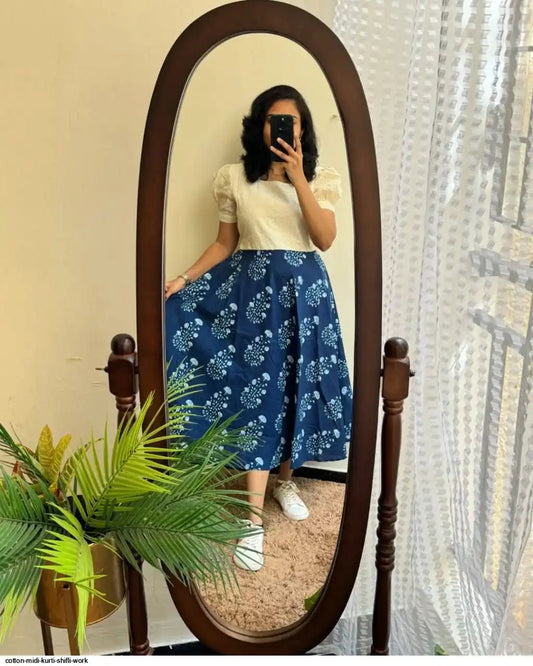INDIGO CHARM COTTON MIDI KURTI SHIFLI DETAILS WESTERN DRESS