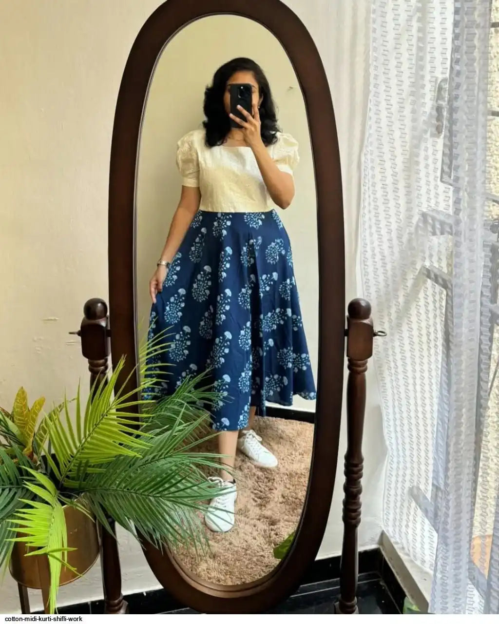 INDIGO CHARM COTTON MIDI KURTI SHIFLI DETAILS WESTERN DRESS