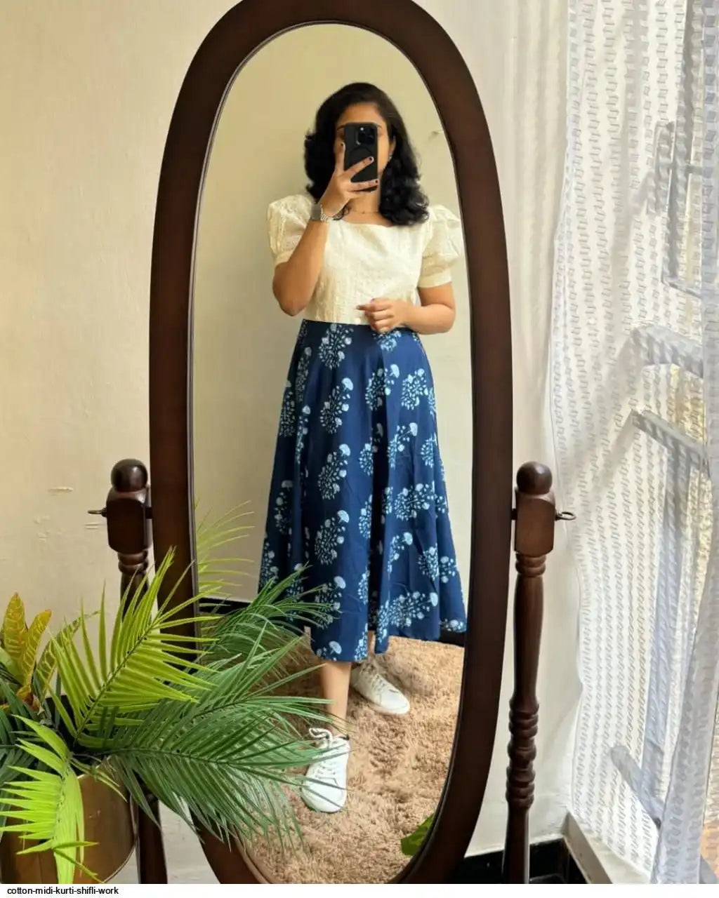 INDIGO CHARM COTTON MIDI KURTI SHIFLI DETAILS WESTERN DRESS