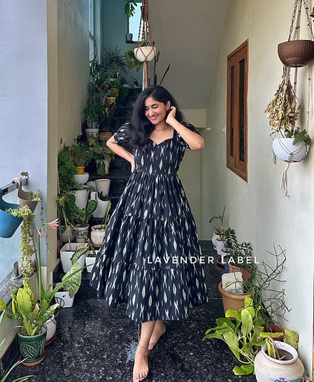 New Beautiful black Printed cotton middi with heart neck Gown dress