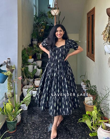 New Beautiful black Printed cotton middi with heart neck Gown dress