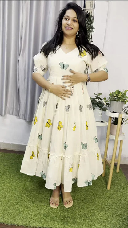Women White Cotton Butterfly Embroidery Middi Gown