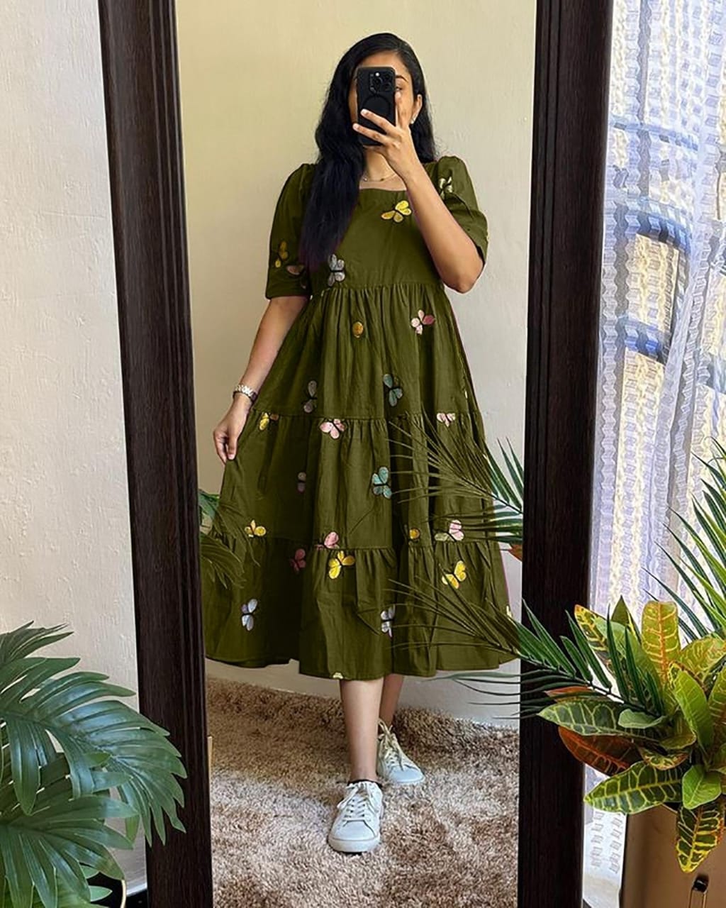 Women Cotton Emroidery dark green Middi Gown