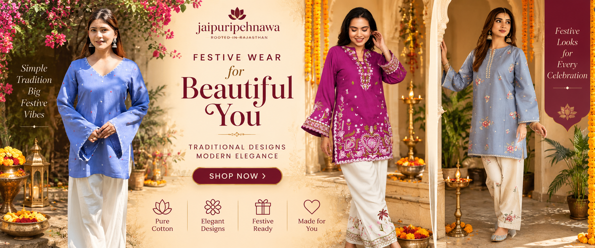 A promotional banner for Jaipuripnawa Festive Wear featuring three models wearing traditional Indian ethnic outfits. The left model wears a blue kurta with white pants, the center model wears a purple kurta with white pants, and the right model wears a light blue kurta with white pants.