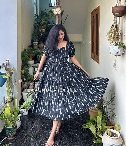 New Beautiful black Printed cotton middi with heart neck Gown dress