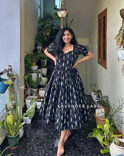 New Beautiful black Printed cotton middi with heart neck Gown dress